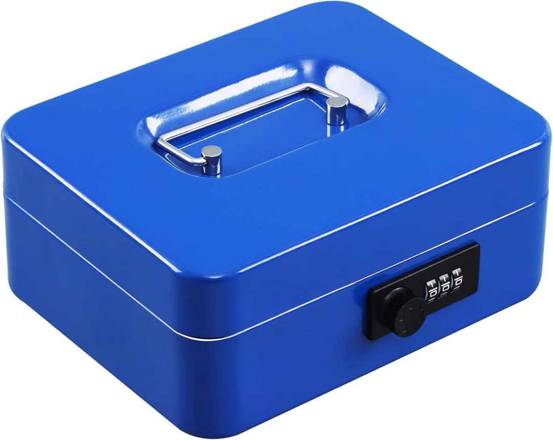 xydled Steel Cash Box Safe with Combination Lock,Money Safe Box with Removable Coin Tray,Medium,7.87"x 6.30"x 3.54",Blue