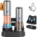 CIRCLE JOY Rechargeable Salt and Pepper Grinder Set Stainless Steel Electric Pepper Grinders with Variable Grinding Speed, External Adjustable Coarseness, Charging Base and White LED Light, Silver