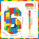 Building Blocks 6th Birthday Party Decorations Number 6 Pinata with Pinata Stick & Blindfold for Kids Girls Boys Happy Birthday Building Block Theme Party Supplies Carnival Games
