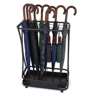 15 Slot Umbrella Stand with 8 Hooks – Heavy Duty Metal Indoor Umbrella Rack Holder with Removable Drip Tray – Large Commercial Entryway Organizer for Office, Lobby or Home