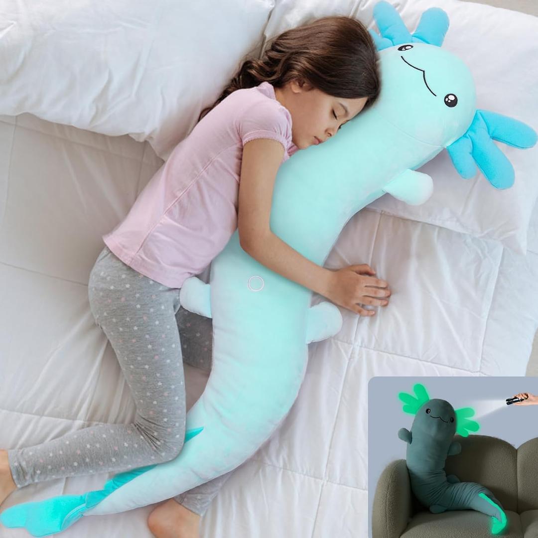MaoGoLan Giant Axolotl Plush Body Pillow, Big Axolotl Stuffed Animal, XL Salamander Plush Pillow Toy for Kids, Glow in The Dark Salamander Plushies, Birthday Easter Gift, Baby Shower Decor, Blue