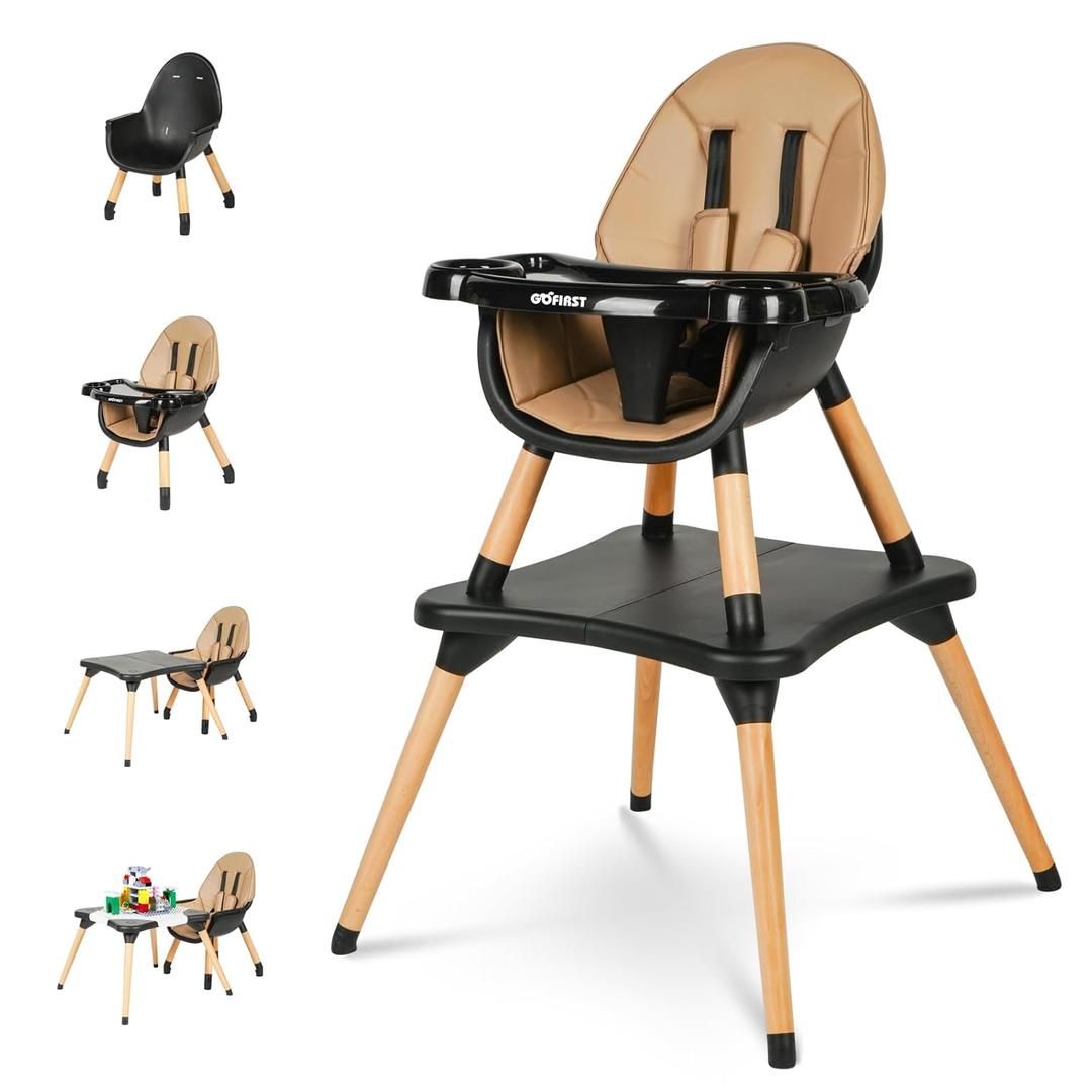 Gofirst 6 in 1 Convertible Wooden High Chair for Babies and Toddlers - Infant Dining Booster Seat With Building Block Table and 4-Position Removable Feeding Chair (Black)