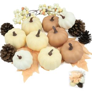 Artgar Foam Pumpkin Decor - 16 PCS Artificial Pumpkin Set - Fall Decor with Mini Pumpkins, Pinecones Maple Leaves Berries for Halloween Thanksgiving Fall Decor, DIY Crafts Tabletop Tray Decorations (Style-4)
