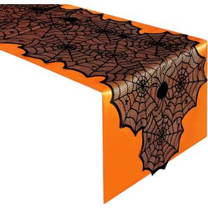 RunNico 2 PCS Halloween Spider Web Lace Table Runner, 72'' x 18'' Halloween Crawling Spider Lace-Lined Table Decoration, Black Orange Spider Web Tablerunner for Halloween Table and Home Decorations