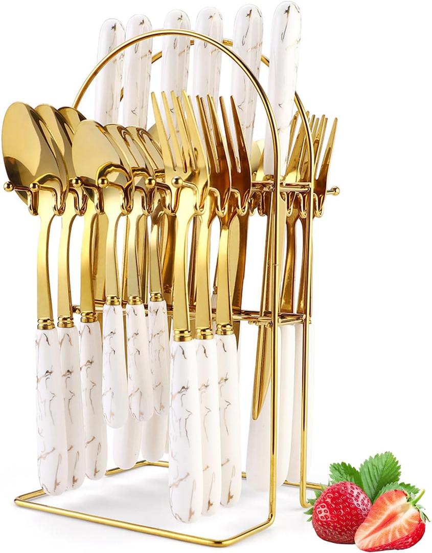 24 Pieces Flatware Set, Stainless Steel Cutlery Set with Silverware Holder, Modern Gold Silverware Set Includes Dinner Knives Forks Spoons,Hanging Silverware Set Service for 6 (White Gold)