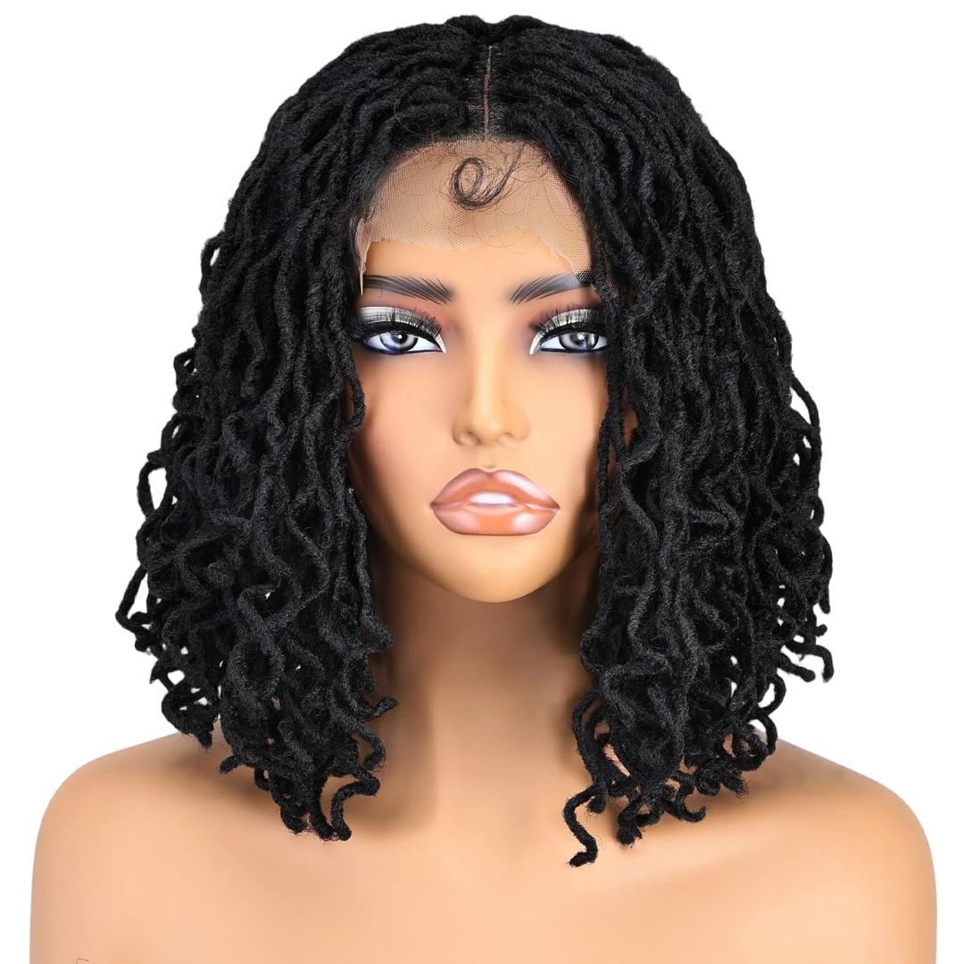 SOKU Short Curly Faux Locs Lace Frontal Wig 12 Inch Natural Black 4x4 Large Parting Space Twist Dreadlock Wigs for Black Women Afro Curly Braided Synthetic Wig