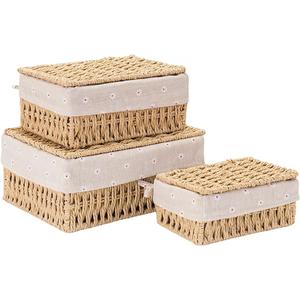 GIB Small Wicker Storage Baskets with Lids and Liner, Rectangular Paper Rope Woven Baskets for Organizing, Decorative Boxes Boho Decor for Shelves Table Desktop Makeup Organizer, Set of 3 (Beige)