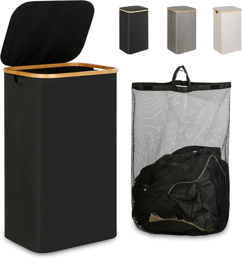 iEGrow Laundry Hamper with Lid, 110L Large Laundry Hamper with Handle and Lid, Collapsible Clothes Basket Organizer with Removable Inner Bag for Clothes Toys Towels - Black
