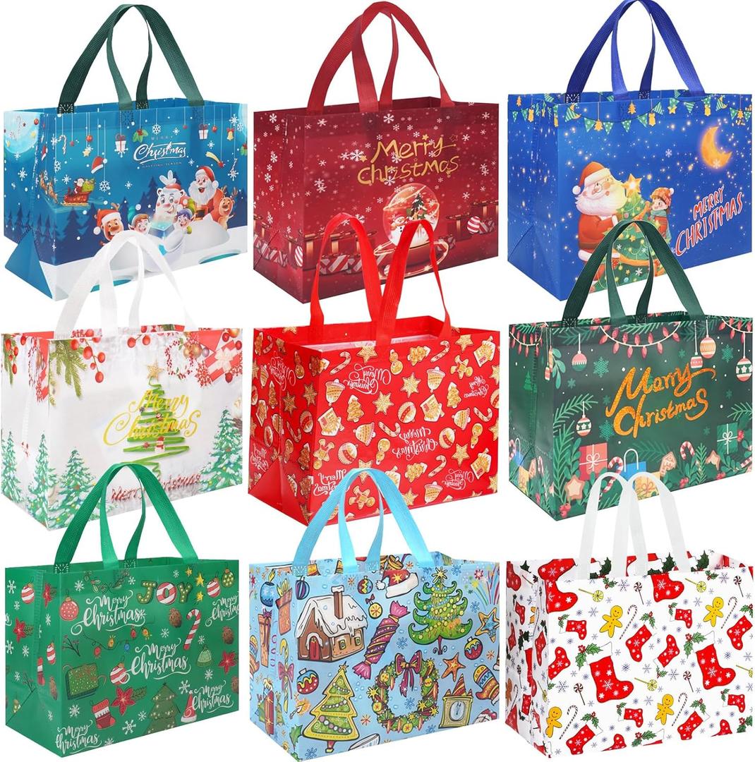 Viaecone 9-Pack Christmas Gift Bags Large 12.8x9.8x6.7 Inches - Holiday Party Favor Tote Bags, Non-Woven Reusable Treat Bags for Xmas Presents, Decorations