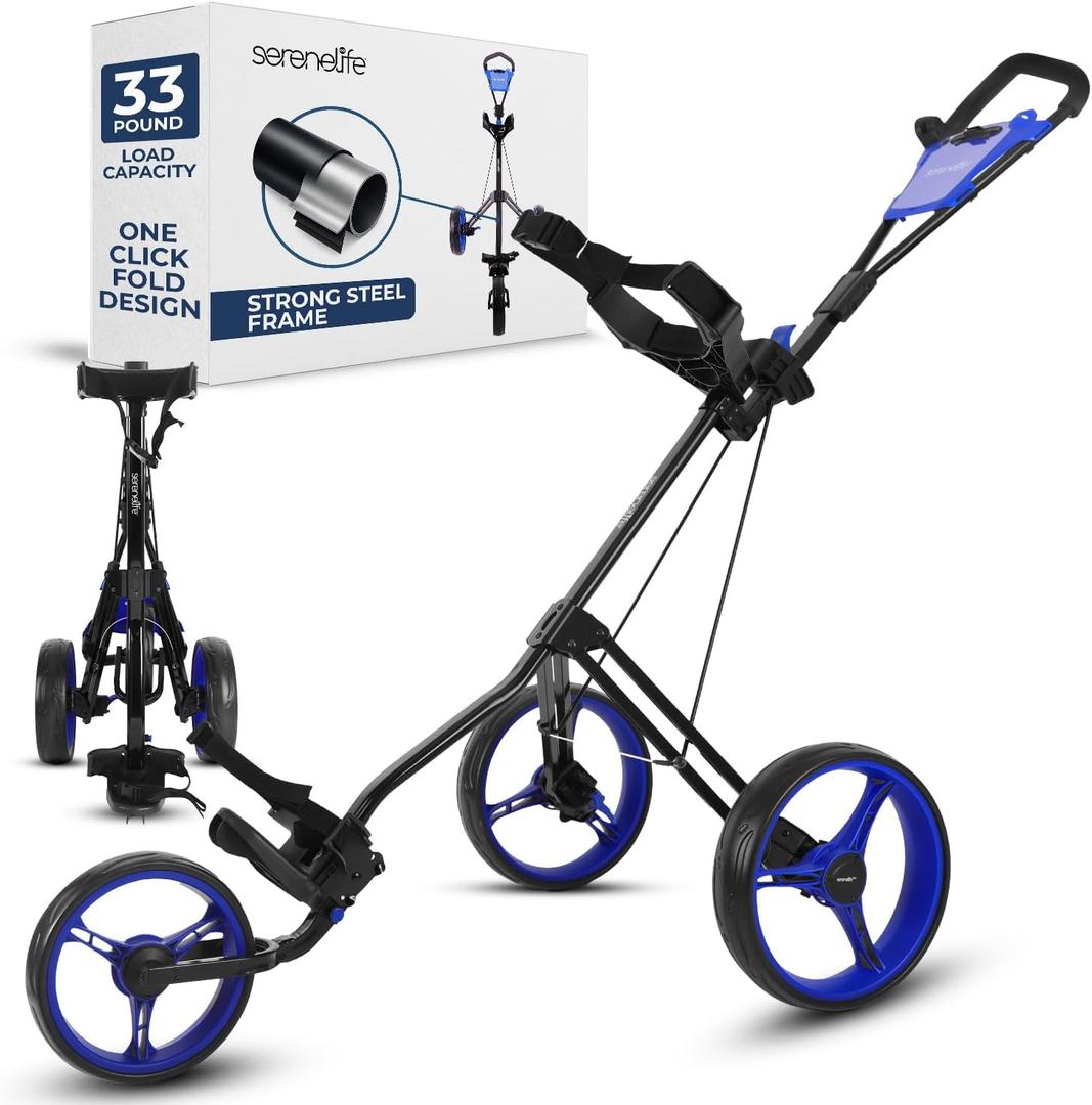SereneLife Golf Push Pull Cart Lightweight, Foldable, Bag Holder with Adjustable Handle, Caddy Accessories, Compact Folding Golf Trolley for Travel
