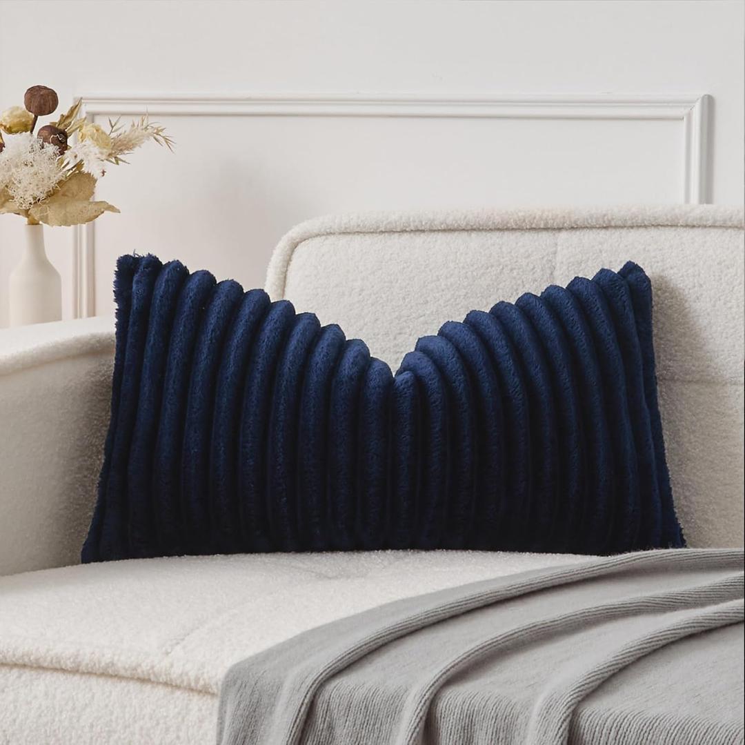 UGASA Lumbar Throw Pillow Cover 12x20 Inch Set of 1 Super Soft Faux Fur Decorative Pillow Case Plush Flannel Texture Accent Rectangle Pillowcase for Sofa Couch Living Room Chair, Navy Blue