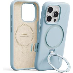 TORRAS Liquid Silicone for iPhone 16 Pro Case with 360 Spin Magnetic Stand with Camera Control, Fit for MagSafe, OStand Q3 Silicone Non-Slip Rubber Protective Case for iPhone 16 Pro, Baby Blue