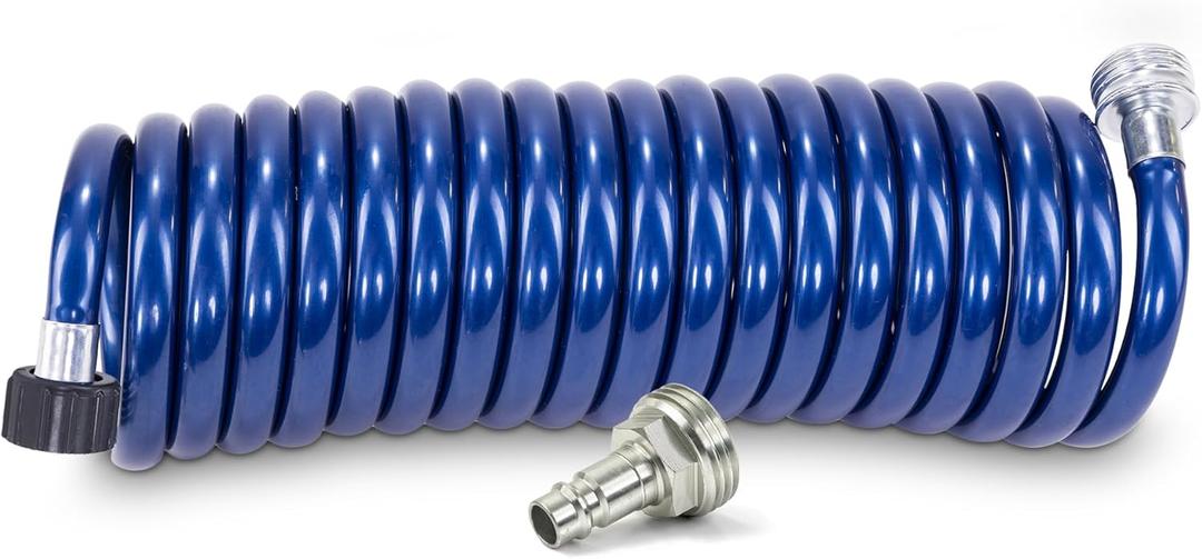 SpringHose RV Premium Polyurethane Drinking Water Safe Coil Hose with Male Adapter Plug - Lightweight Recoil Garden Hose Retractable Blue Coil Garden Hose 3/8 in by 15-Foot Made in Canada