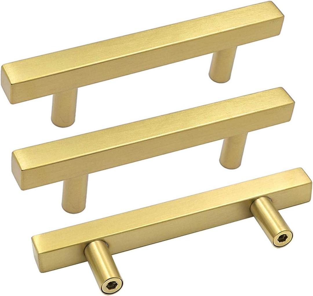 goldenwarm Gold Cabinet Handles 3 3/4 inch Brushed Brass Drawer Pulls 10 Pack - LS1212GD96 T Bar Square Gold Kitchen Cabinet Door Handle Bathroom Cabinet Pulls