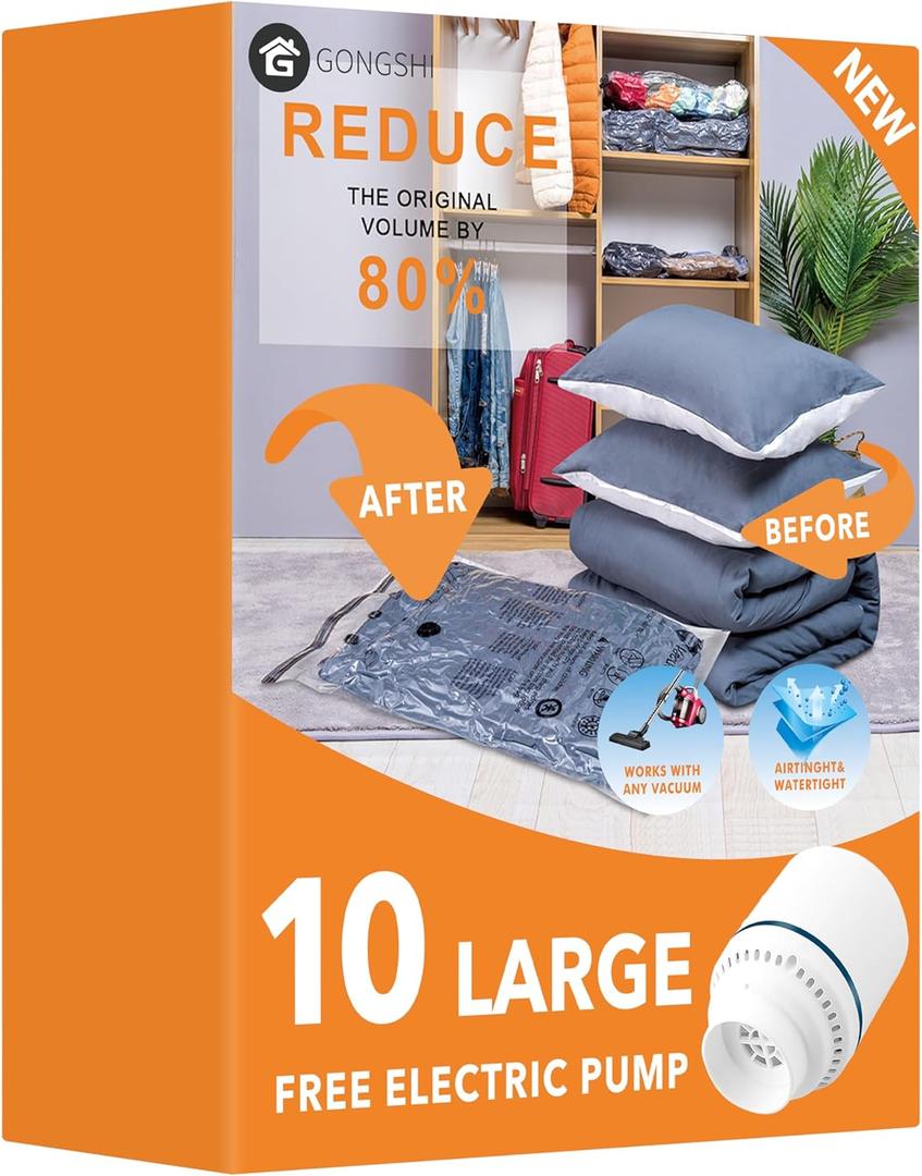 GONGSHI Vacuum Seal Bags for Clothing Travel & Home Storage, Travel Vacuum Bags with Electric Pump,Space Saver for Blankets, Comforters, Pillows, Clothes,10 Large