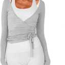 Women Wrap Tie Top Y2k Long SLeeve Ballet Workout Yoga Shirt Coquette Blouses, Size M