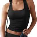 Fisoew Womens Square Neck Sleeveless Tank Top Built-in Bra Racerback Tank Fitted Y2K Basic Workout Crop Tops (Black, XL)