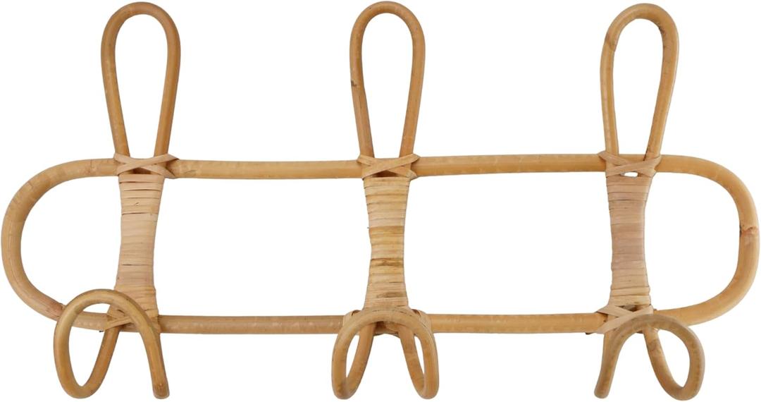 Boho Rattan Wall Hooks  Handmade Wall Mount Coat & Towel Rack, Natural Beige Hanging Organizer for Clothes, Hats, Towels, and Bags, Perfect for Entryway, Bedroom, Living Room (15.7x7.9 Inch)