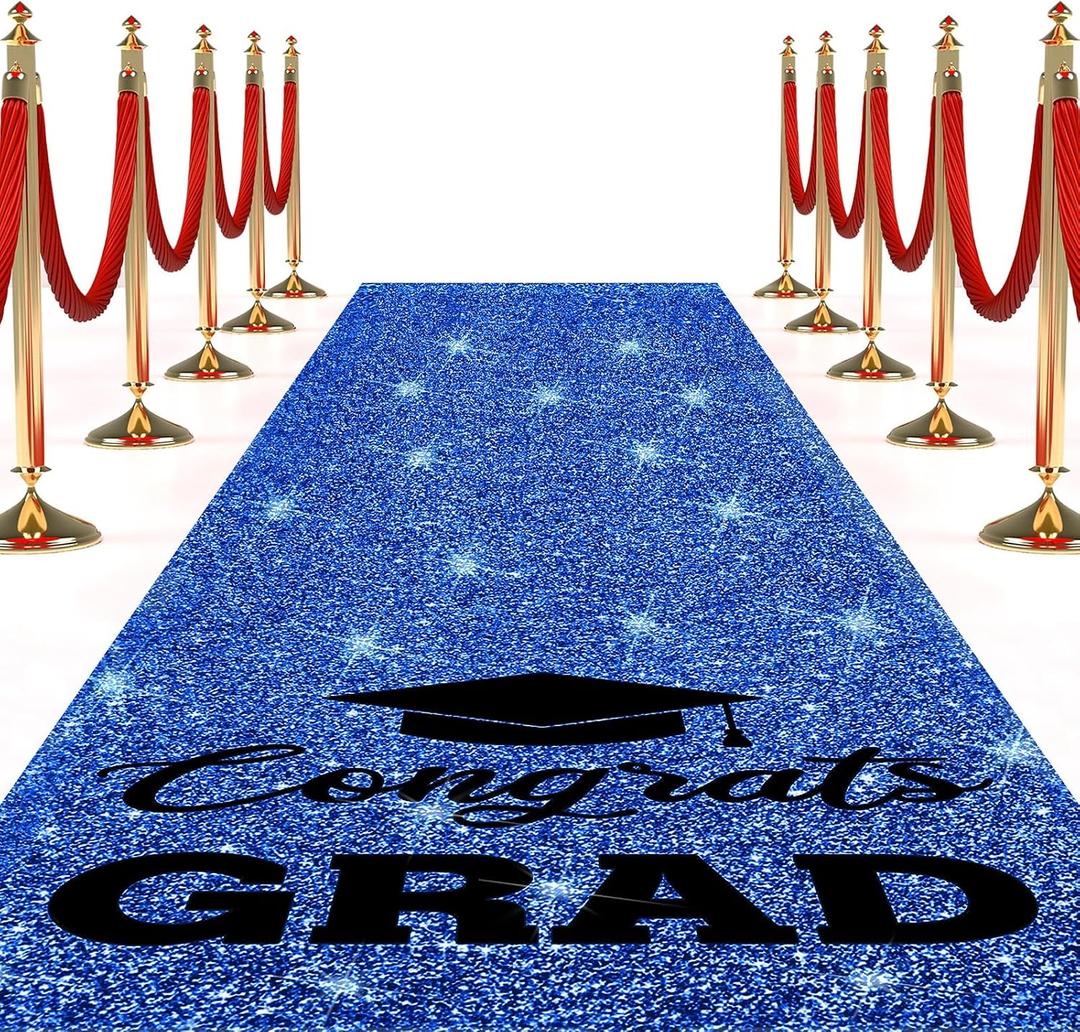 Sliner Blue Congrats Grad Carpet Runner Rug for Graduation Prom Party Decorations 2ft x 15ft Glitter Graduation Runway Rug for Prom Party Decor Aisle Runner for School College Grad Ceremony, 4" x 24", Blue