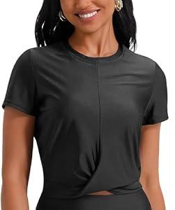 Satin Silk Women's Short Sleeve Shirts Round Neck Summer Causal Crop Tops Twist Front Tee T-Shirt Black Small