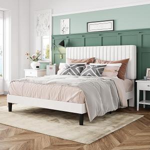 Allewie Full Bed Frame, Velvet Upholstered Platform Bed with Adjustable Vertical Channel Tufted Headboard, Mattress Foundation with Strong Wooden Slats, Box Spring Optional, Easy Assembly, Off-White