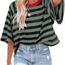 Dokotoo Tops for Women Striped 2025 Fashion T Shirts for Women Color Block Crewneck Design Loose Basic Tee (L)
