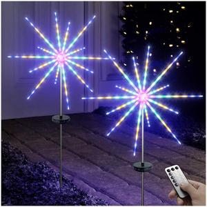 DenicMic Solar Firework Meteor Lights 2 Pack Outdoor Solar Garden Decorative Starry Starburst Lights with Remote, 8 Modes Landscape Path Patio Yard Christmas Decor (Multicolor)