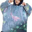 Giggling Getup Glow in The Dark Wearable Blanket Hoodie for Girls and Boys Warm Cozy Sherpa Fleece Hooded Blanket Sweatshirt Oversized Hoodie with Giant Pocket & Sleeves for Kids Blue Dinosaur Glow