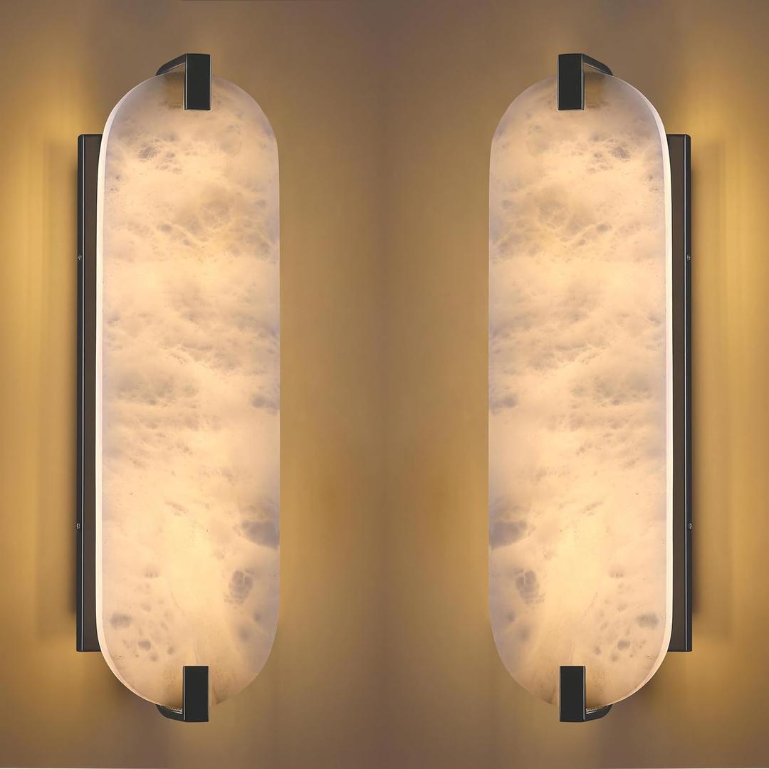 2 Pack 2 Light Oval 18.85" Alabaster Marble Bathroom Wall Sconce Modern Concise Style Wall Light Fixture,Dark Gray Finish for Bedroom Hallway Bedside