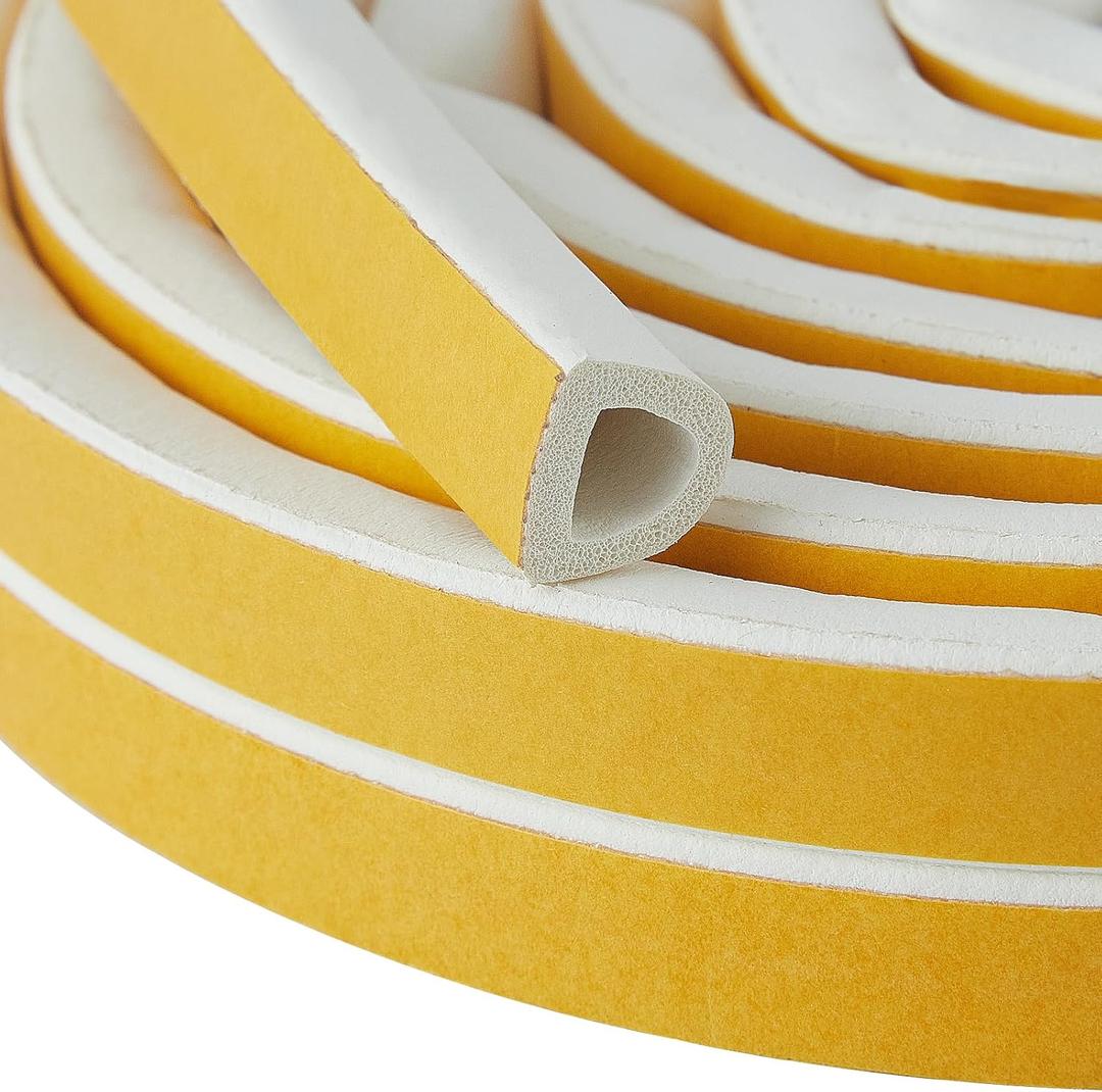 QDiShi White D-Shape Weather Stripping Seal Strip 20FT Door Window Gap Filler Insulation Trim for Exterior Door Frame, Self-Adhesive Backing Seals Large Gap (from 5/16 to 15/32 inch)