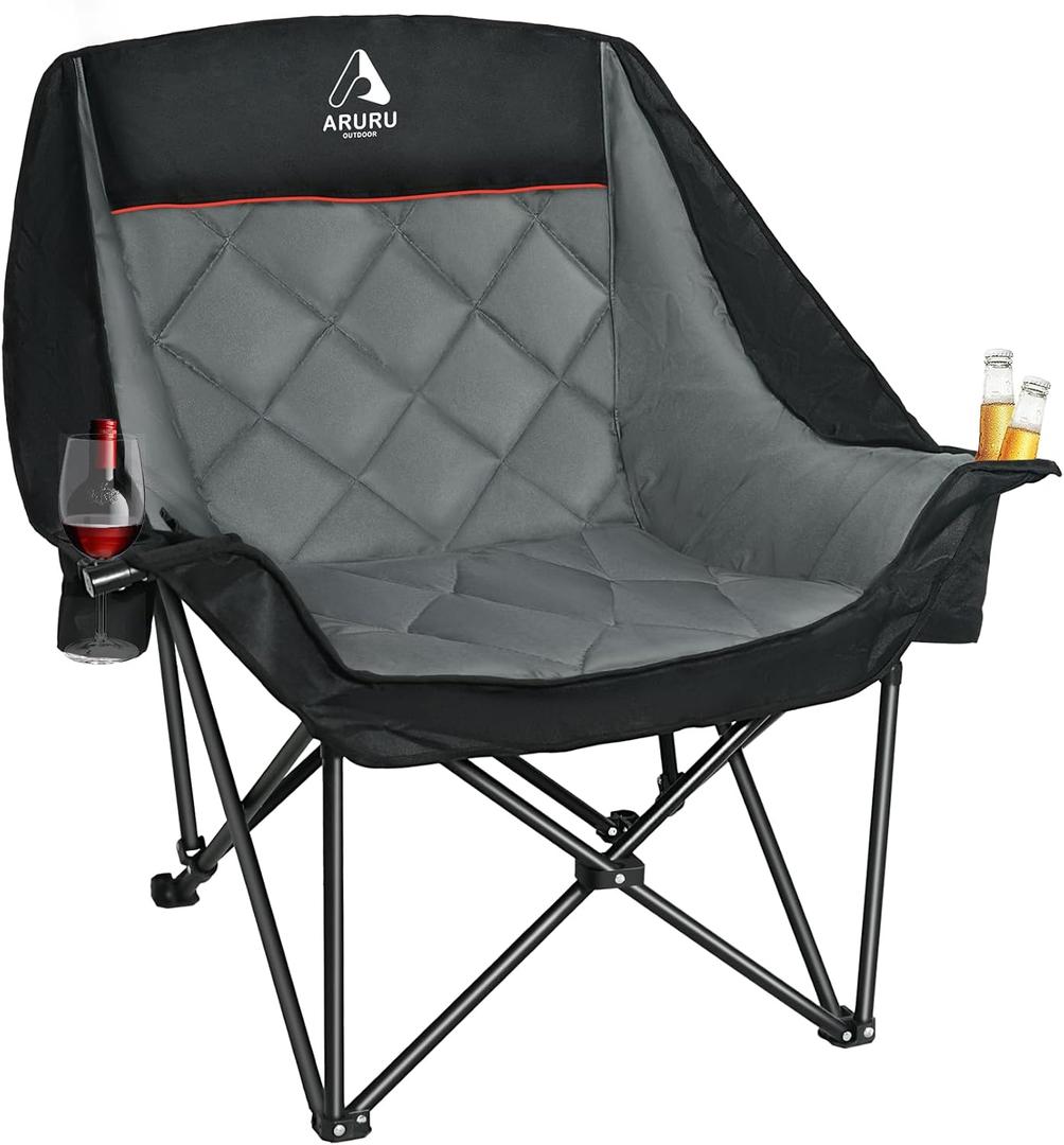 Oversized XL Camping Chair for Adults Heavy Duty | 450LBS Support Padded Folding Lawn Chairs with Side Pocket Cup Holder Cooling Bag for Outdoor Sports Garden Beach Fishing (Black)