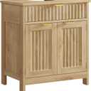 TEENFON Pedestal Sink Storage Cabinet with 2 Doors and Drawer, Bathroom Sink Cabinet with U-Shape Cut-Out, Fluted Pedestal Sink Cabinet, Natural Oak, 23.6"W*11.8"D*25.6"H