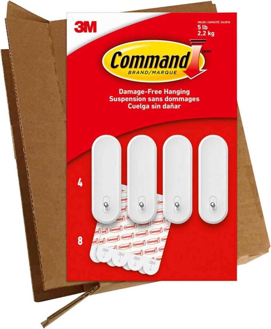 Command Large Wire Hooks, 4 Hooks, 8 Command Strips, Holds up to 5 lb, Damage Free Hanging Wall Hooks with Adhesive Strips, No Tools for Hanging Decorations in Living Spaces (White)