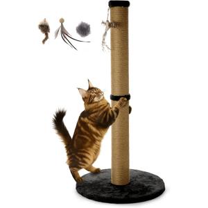 34inches Tall Cat Scratching Post with Plush Base Cat Scratcher for Indoor Cat with Natural Sisal Rope, Black Round Platform,Have 4 Replacement Pendant
