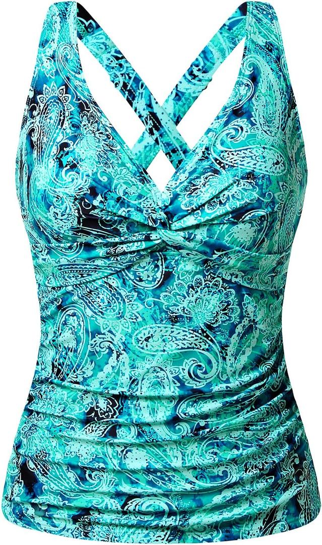 Women Underwire Tankini Top Only - Tummy Control Bathing Suit Top Twist Front Swim Top Criss Cross Back Swimsuit 2025 (Blue, M)