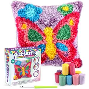 Butterfly Latch Hook Kit Butterfly Floral Pillow DIY Valentine Craft Kit for Kids Adults Beginners Making Your Own Pillow Craft Printed Pillowcase Crochet Yarn Art Handmade Cushion Gift for Sofa Decor