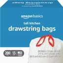 Amazon Basics Trash Bags, Tall Kitchen Drawstring, Unscented, 13 Gallon, 200 Count, Pack of 1
