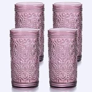 abrwyy Purple Drinking Glasses Set of 4, Vintage Drinking Glasses, Colored Glassware Drinking, Highball Beverage Glasses Cup, Vintage Glassware Set for Water, Juice, Cocktail, Coffee