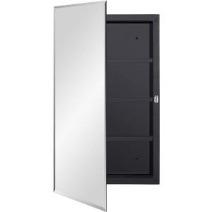 IDYLLOR Black Plastic Medicine Mirror Cabinet for Bathroom with 18 x 28 inch Beveled Edge Mirror, Recessed and Surface Mount