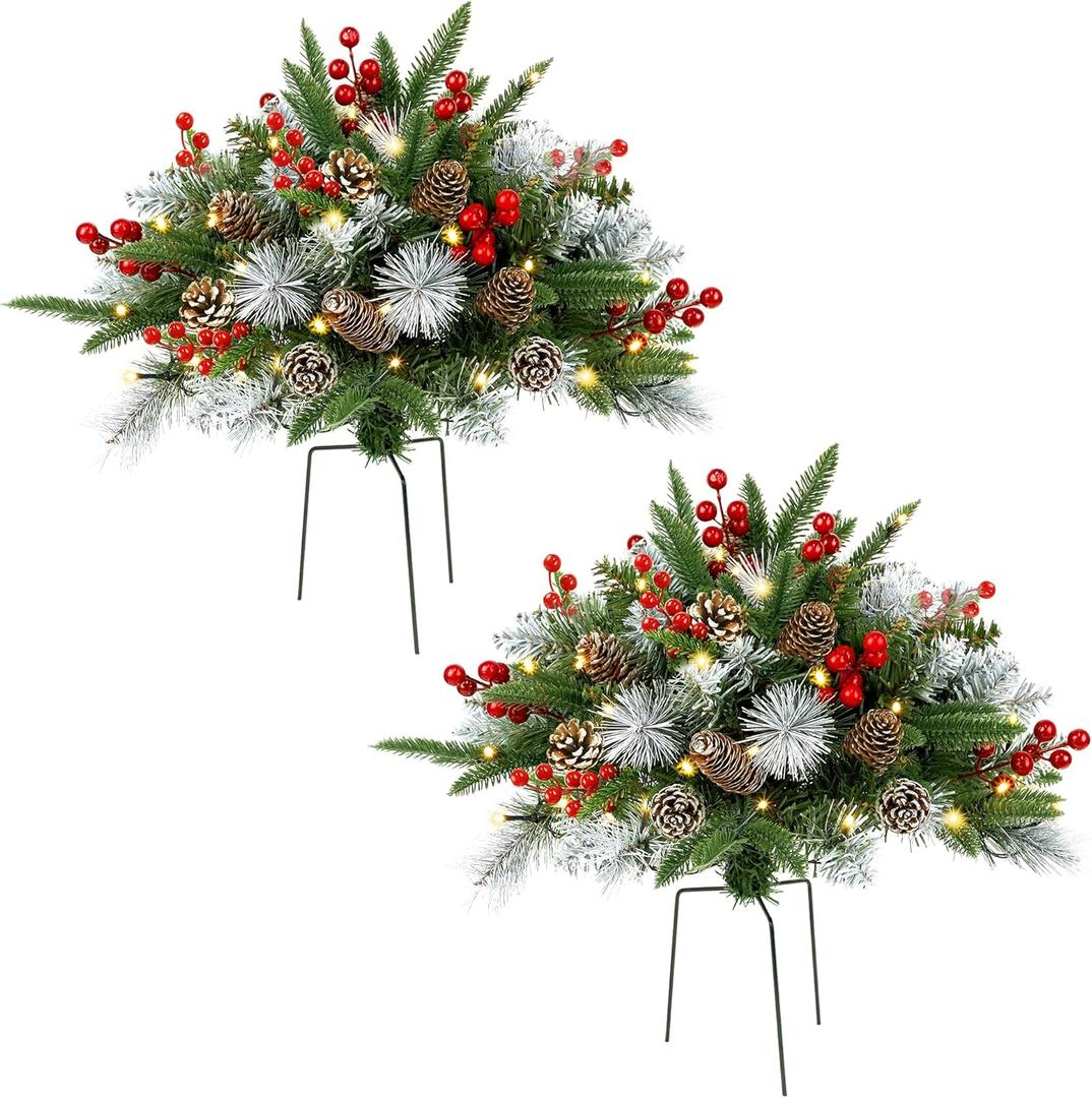 Teoytm Outdoor Urn Filler, Set of 2 Lighted Outdoor Christmas Tree, Battery Operated Christmas Porch Decorations for Driveway, Yard, Garden, Flower Beds