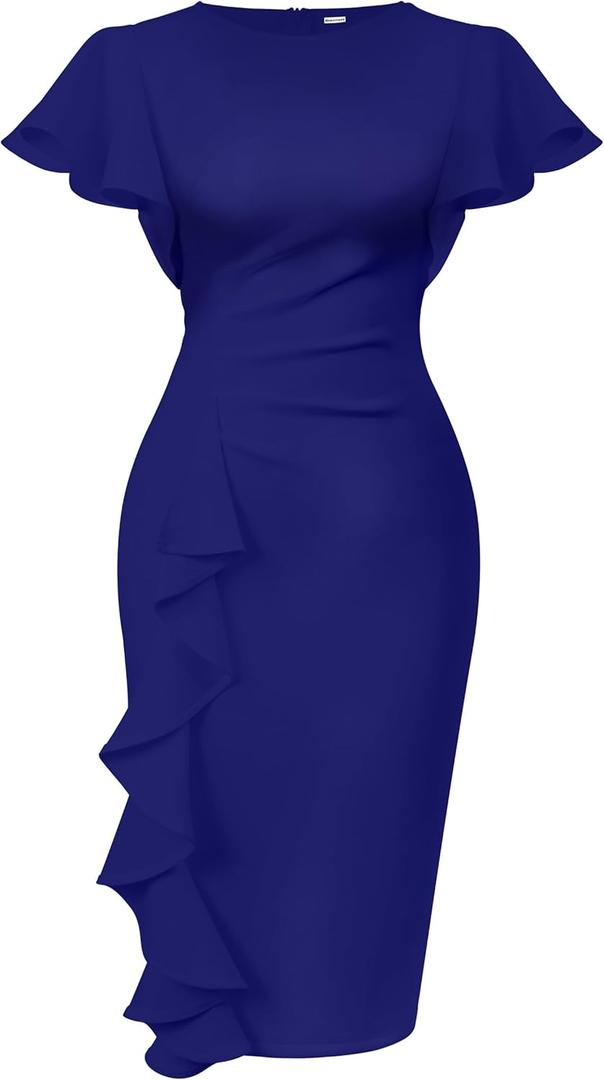 Memoriesea Women's Vintage Church Ruffle Sleeve Ruched Bodycon Work Midi Pencil Dress (3X-Large, Royal Blue)