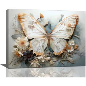 Butterfly Flower Decor Wall Art Aesthetic Butterflies Pictures Wall Decor Abstract Butterfly Floral Canvas Painting Modern Artwork Decorations Framed for Bathroom Living Room Bedroom Office 16x12 inch
