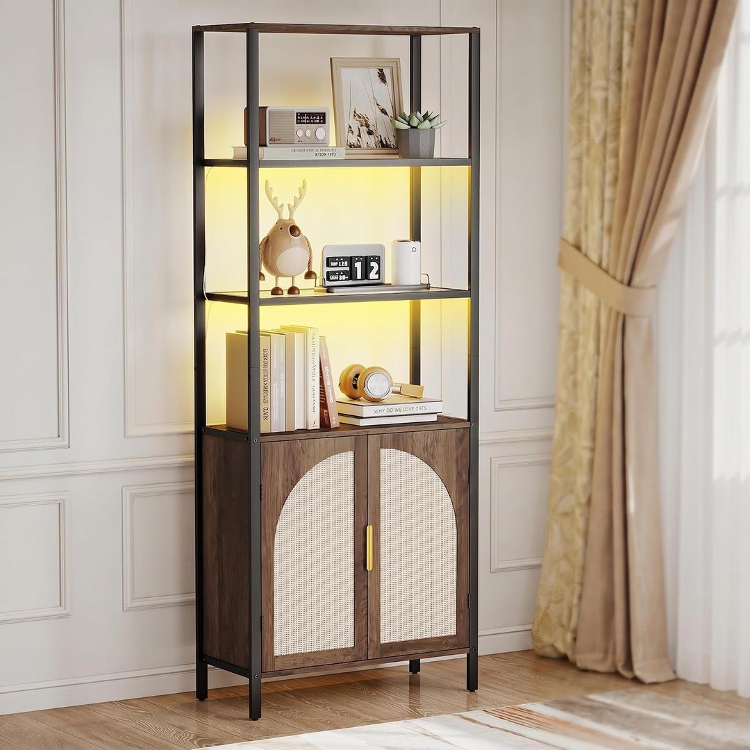Turosur Rattan Bookshelf with Storage, Boho Bookcase with Wicker Doors, 71" Tall Book Shelf with LED Lights for Living Room, Brown, 5-Tier