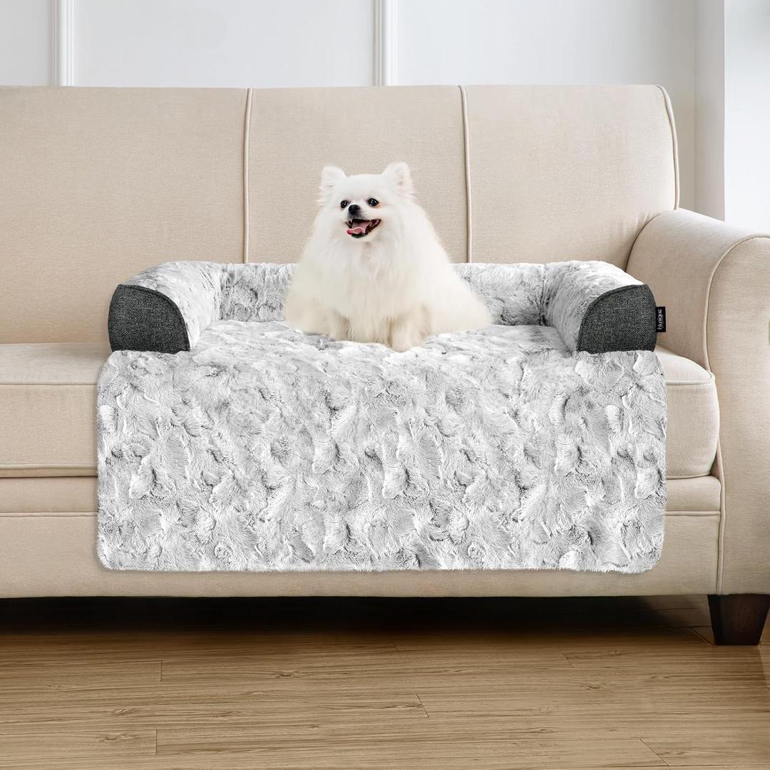 Calming Small Dog Bed for Couch, 35 x 31 inch Removable Couch Cover for Dogs Washable, Non-Slip Fluffy Plush Dog Sofa Mat for Furniture Protector - Grey (Medium)