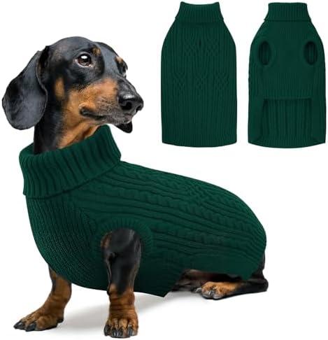 SUNFURA Small Dog Sweater, Christmas Dog Sweaters Fall Winter, Warm Sweaters with Harness Hole, Turtleneck Pullover for Dogs Girls Boys, Puppy Sweatshirt Knitwear Clothes for Dachshund, Green S