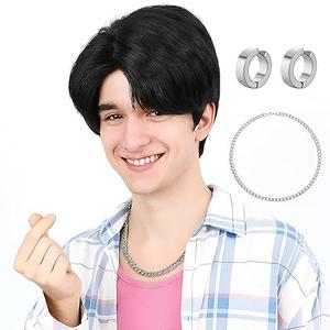 Short Black Cosplay Wig for Men with Side Bangs - Anime Cosplay Wigs for Mens Halloween Costume Party (Black)