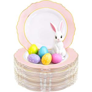 WDF 60pcs Pink Plastic Plates - 10.25inch Baroque Pink And Gold Disposable Dinner Plates for Upscale Parties -Special for Easter/Baby Shower/Birthday/Spring