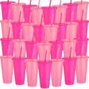 Honeydak 30 Pack Tumbler with Straw and Lid Bulk Cups for Gifts Water Bottle Iced Coffee Travel Mug Cup Reusable Plastic Tumblers for Party Birthdays 24-27 oz (Pink and Rose Red Color)