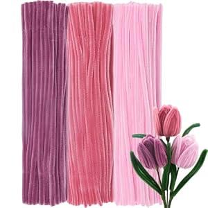 300Pcs Pastel Pink Pipe Cleaners Craft Bulk, 12'' Long 0.3'' Thick Fluffy Chenille Stems Set for Flowers, 3 Assorted Colors Fuzzy Sticks for DIY Art, Gifts Making & Festive Decorations