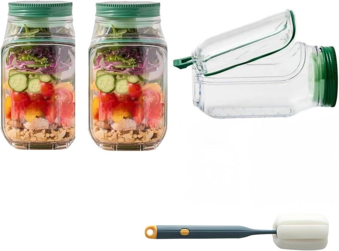2026 New Salad Jar with Side Opening Leakproof Mason Jar Salad Container with Side Opening Dishwasher Safe Salad Container for Lunch On the Go Salad Jar for On-the-Go Meals (Green version, 2PC)
